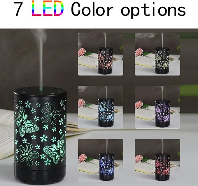 Butterfly Essential Oils Aroma Diffuser, 100ML Cool Mist Humidifier, Air Diffusers Waterless Auto Off with 7 Colors Lights, for Bedroom, Office, Living Room (Black)