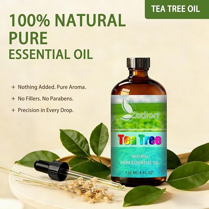 Tea Tree Essential Oil, 4 fl oz (120ml) - ZODION Tea Tree Fragrance Oil for Diffuser, Massage, Humidifier, DIY Candle, Soap Making, Home, Bath, Yoga