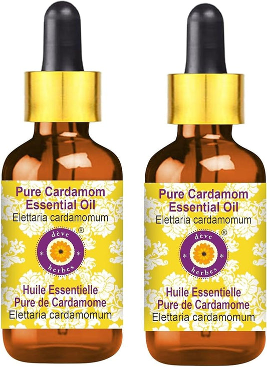 Deve Herbes Pure Cardamom Essential Oil (Elettaria cardamomum) with Glass Dropper Steam Distilled (Pack of Two) 100ml X 2 (6.76 oz)