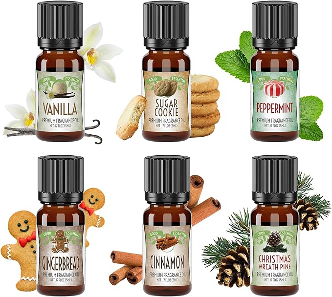 Good Essential Professional Winter Aromatherapy Fragrance Oils Set (6-Pack) Cinnamon, Vanilla, Gingerbread for Candles, Soaps, Perfumes, Diffusers, Home Care