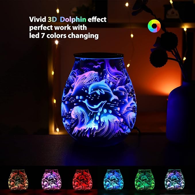 inrorans Glass Electric Wax Melt Warmer Oil Burner with Stable Heating PTC Reusable Silicone Tray 7 Colorful Changing Led Light Night Light Scent Warmer for Home Fragrance Warmers-Dolphin