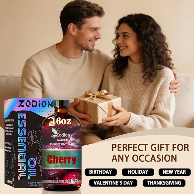 Cherry Essential Oil, 16 fl oz (480ml) - ZODION Cherry Fragrance Oil for Diffuser, Massage, Humidifier, DIY Candle, Soap Making, Home, Bath, Yoga