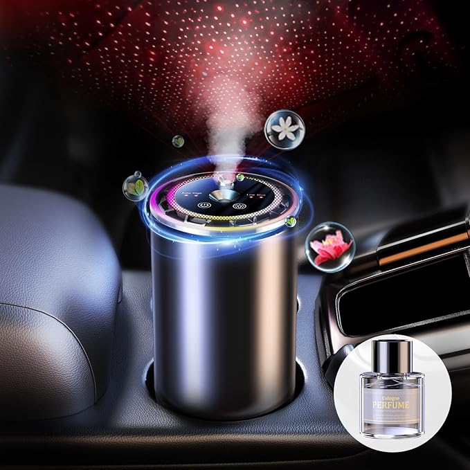 Smart Car Air Freshener - Car Diffusers for Essential Oils with Starry Sky Projection and Colorful Ambient Light, Auto On/Off, Adjustable Concentration Diffuser for Car with 50ml Car fragrance-Cologne