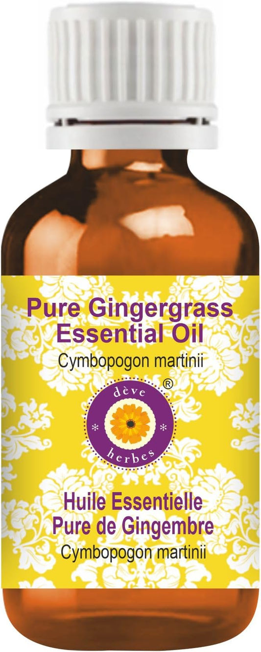 dève herbes Gingergrass Essential Oil (Cymbopogon martinii) Pure | Non-Sticky | Non-Greasy | Lightweight | Men & Women | All Skin Types | Steam Distilled 50ml (1.69 oz)