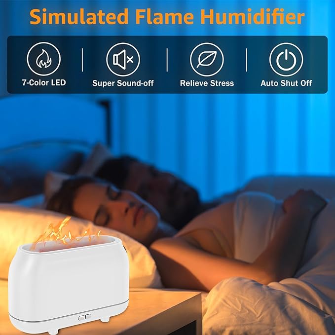 Flame Diffuser Humidifier with 7 Colors Flame Light, 180ml Flame Aroma Diffuser, Colorful Flame Light Quiet Waterless Auto Shut-Off Air Humidifier Diffuser for Home Office Room (White)