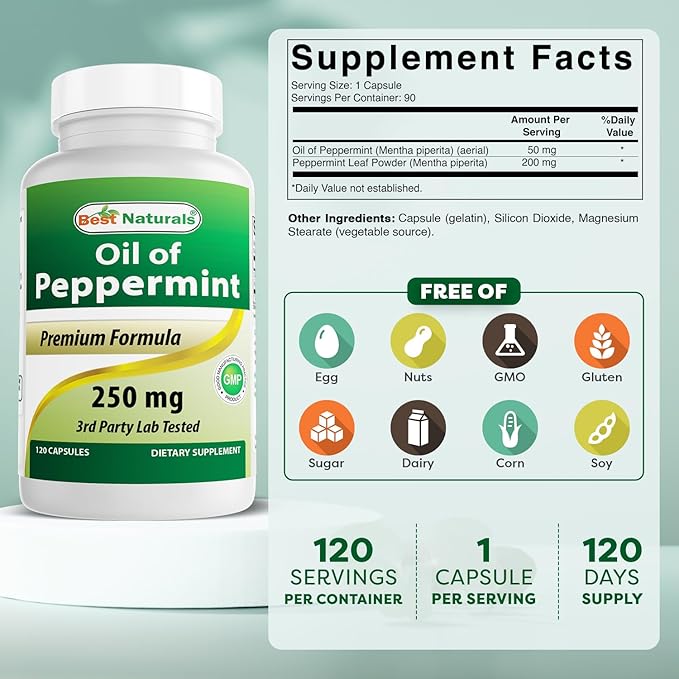 Best Naturals Peppermint Oil Bowel Soothing Dietary Supplement, 250 mg, 120 Count