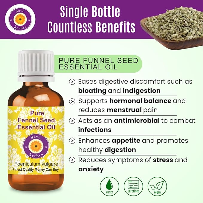 Deve Herbes Pure Fennel Seed Essential Oil (Foeniculum vulgare) Steam Distilled 5ml (0.16 oz)