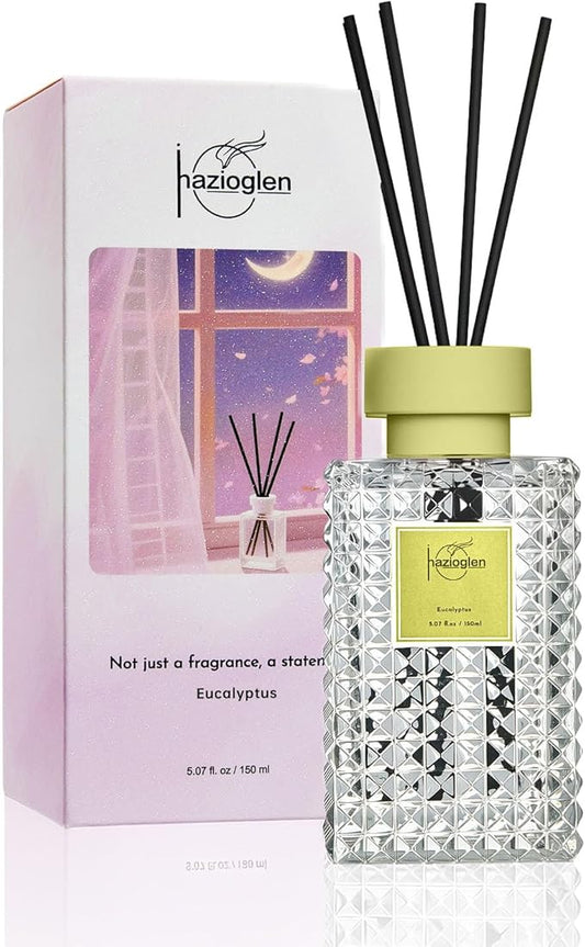 Reed Diffuser Set, Eucalyptus Scented Home Fragrance Air Freshener for Bathroom Shelf Decor, 5.07 fl oz/150ml Essential Oil with Sticks