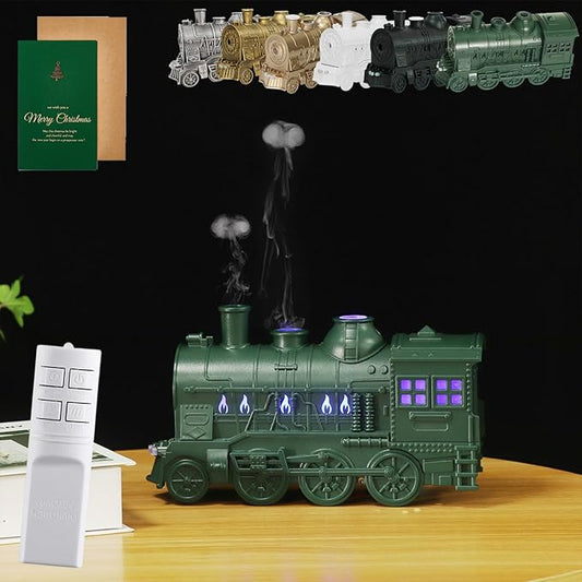 Essential Oil Train Diffuser, Vintage Steam Train Humidifier, Christmas Train Aroma Diffuser, Dual Mist Outlets Cool Mist Quiet Aromatherapy Diffuser with Remote Control, Auto-Off (Green)