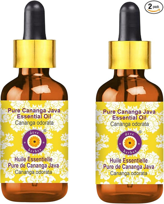 Deve Herbes Pure Cananga Java Essential Oil (Cananga odorata) with Glass Dropper Steam Distilled (Pack of Two) 100ml X 2 (6.76 oz)