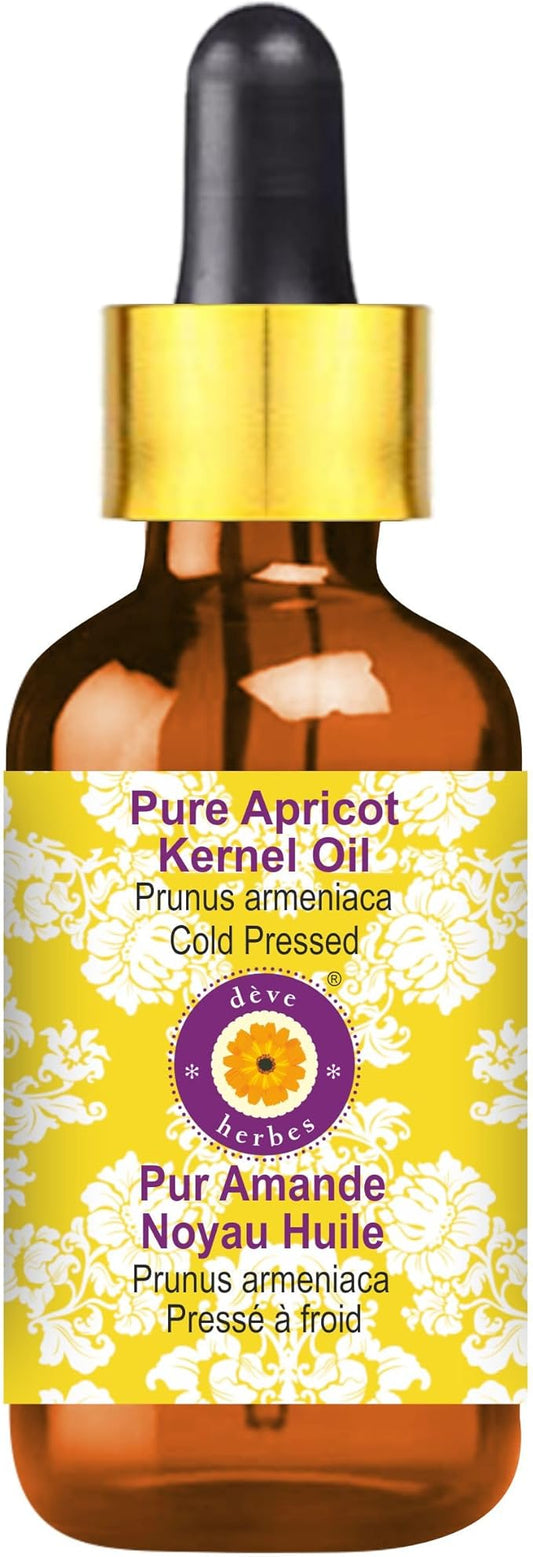 dève herbes Apricot Kernel Oil (Prunus armeniaca) with Glass Dropper | Cold Pressed | Pure | Natural | For Diluting Essential oils | Skin & Massage | Non-Sticky | Lightweight | Unisex | 10ml (0.33 oz)
