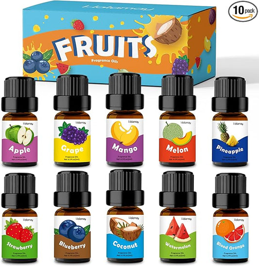 Fruity Fragrance Oil, Holamay Premium Fruit Essential Oils for Diffuser, Candle Soap Making Scents, 10x5ml, Coconut, Strawberry, Mango, Pineapple, More Home Diffusers Oil Scents, Summer Oils Gift Set