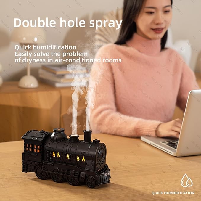 300ML Train Humidifier, Train Diffusers for Essential Oils, 2 Color LED Vintage Steam Christmas Train Aromatherapy Diffuser, 2 Dual Mist Modes Train Cool Mist Air Aroma Humidifier (Black)