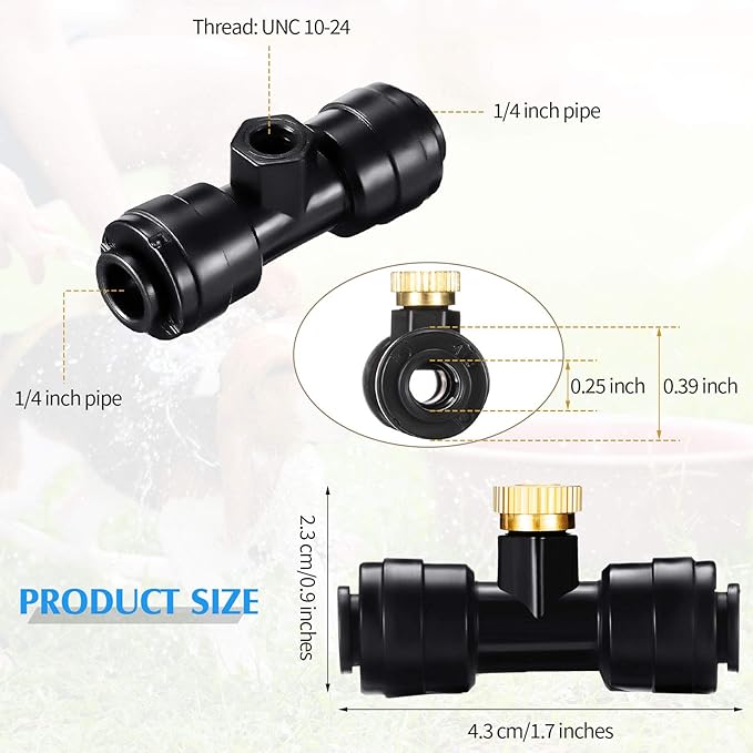 Misting Nozzles Kit Include Water Misting Tees Thread 1/4 Inch and Brass Orifice Nozzle with Black Plug for Outdoor Spray Cooling System(60 Pieces)