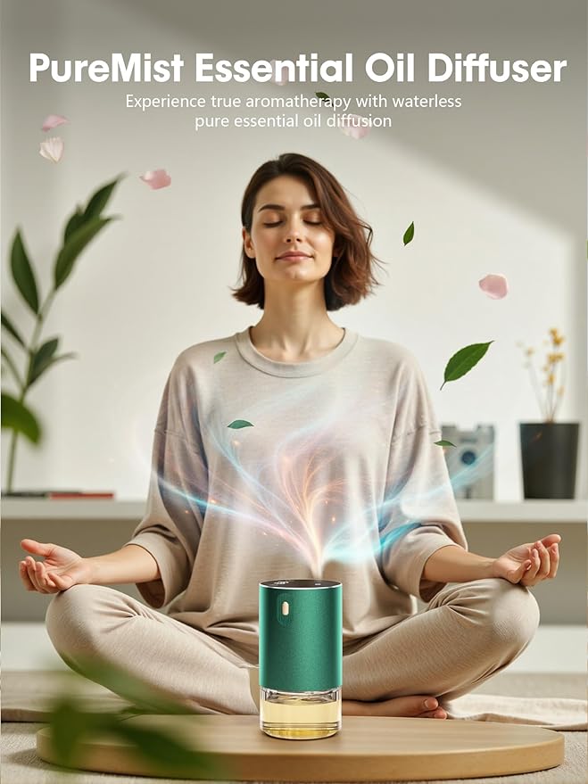 Waterless Oil Diffuser for Home, Car, Office - Rechargeable Scent & Essential Oil Diffuser, 4 Mist Modes and 1/2/4/6 Hour Timer, Portable Cordless Aromatherapy, Spill-Proof Metal Design - Green