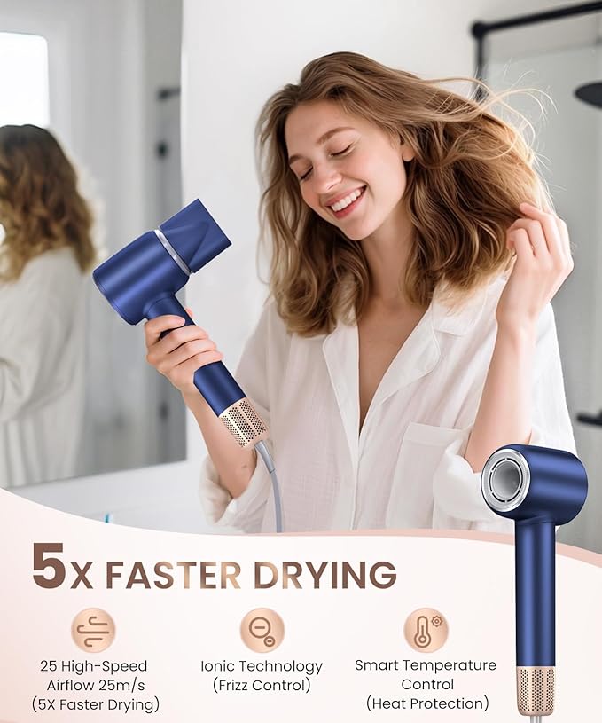 Hair Dryer, 140000 RPM High-Speed Brushless Motor Negative Ionic Low Noise Blow Dryer for Fast Drying, Thermo-Control Quiet Compact with Magnetic Nozzle for Home Travel Salon Use,Blue