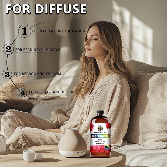 Geranium Essential Oil - GV77ZF Geranium Oils for Diffusers, Humidifiers, DIY Candles, Soap, Cleaning, Home, Office, Yoga, Massage, Gifts - 8 fl oz (240 ml)