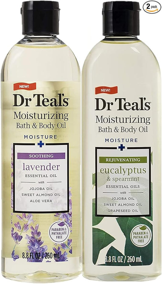 Dr. Teals Bath & Body Oil Variety Gift Set (2 Pack, 8.8oz Ea.) - Soothing Lavender & Rejuvenating Eucalyptus & Spearmint - Essential Oils Hydrate Skin & Alleviates Daily Stress
