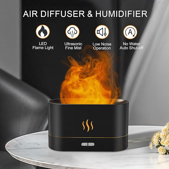 PIZAY Essential Oil Diffuser, Flame Air Humidifier with Fire Led Light - 2 Rightness, 180mL Capacity (8 Hours), Auto-Off Protection Air Diffuser for Home Bedroom Office Gifts(White)