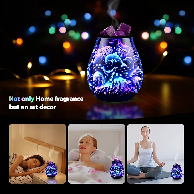 inrorans Glass Electric Wax Melt Warmer Oil Burner with Stable Heating PTC Reusable Silicone Tray 7 Colorful Changing Led Light Night Light Scent Warmer for Home Fragrance Warmers-Dolphin