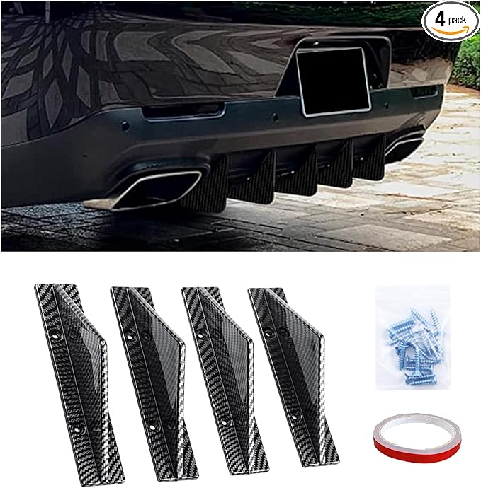 Augeny 4PCS Car Rear Lower Bumper Wing Lip Diffuser, Anti-Crash Straight Auto Shark Fin Spoiler Protector with Screws, Universal Rear Bumper Lip Diffuser Kit for Car SUV Truck (Straight/Carbon Fiber)