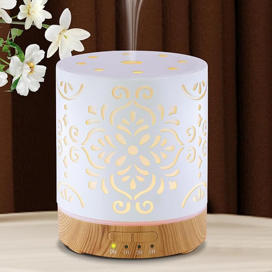 EQUSUPRO Essential Oil Diffuser 300ML Metal Aromatherapy Diffuser for Home with Auto Shut-Off & 4 Timers, Ultrasonic Humidifier with 7 Colors Lights for Large Room, Home Office Décor(White Flower)