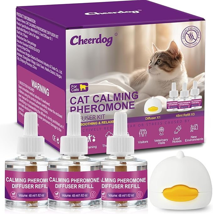 Cheerdog Cat Pheromones Calming Diffuser Relieve Anxiety Stress Cat Calming Diffuser Comfort for Cats 3 Refills, Reduce Fighting and Scratching Calm Relaxing Fits All Cats