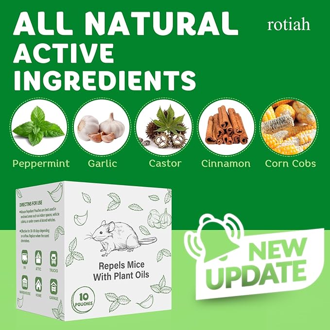 Pest Rodent Repellent Pouches, Peppermint Oil for Mouse, Roach, Ant, Spider, Squirrel, Mice, Rats, Pest Control Indoor Outdoor, Natural Mouse Deterrent Replace Traps Poison Family Pet Safe,10 Pack