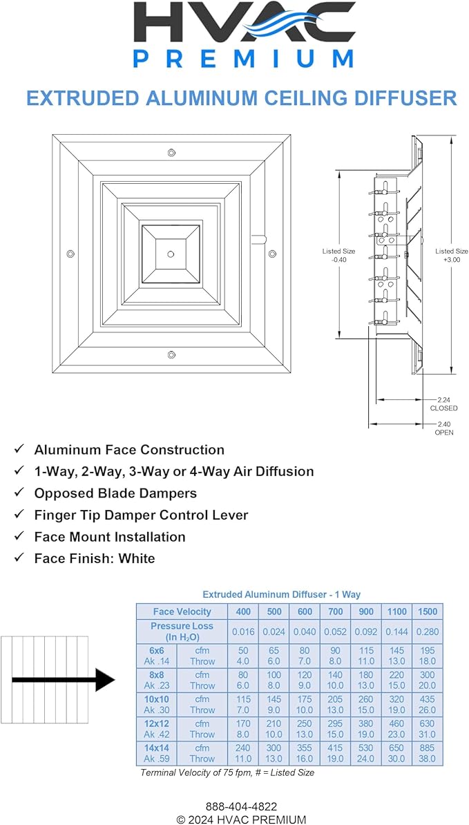HVAC Premium 8 x 8 HVAC Vent Cover - 4 Way Supply Grille - Duct Cover & Diffuser - Low Noise - for Ceiling - with Opposing Damper Blades [Outer Dimensions: 11'' Width