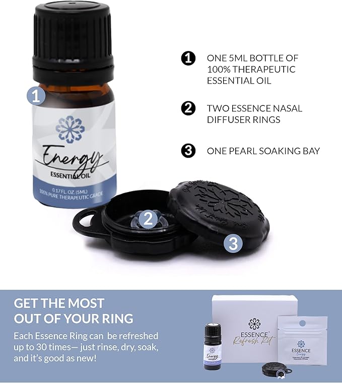 Essence Wearable Aromatherapy Nasal Diffuser – Energy Blend Essential Oil Nose Ring Refresh Kit – Personal Scent Clip for Travel, Work & Everyday Use – Made in USA