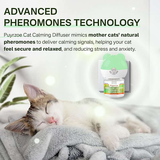 puyrzoe Cat Calming Diffuser with Timing Function, 3-in-1 Cat Pheromones Calming Diffuser Kit, 60-Day Anxiety Relief, Stress Relaxation Cat Pheromone Diffuser for All Cats (1 Diffuser + 2 Refills)