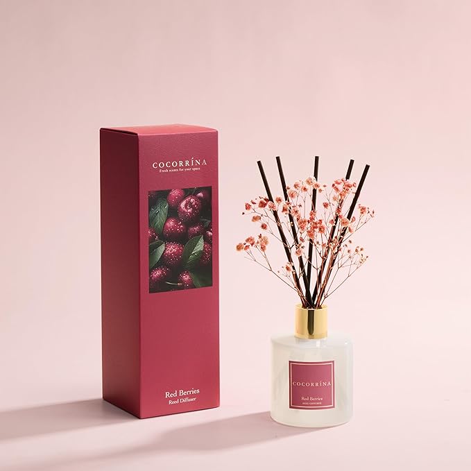 COCORRÍNA Reed Diffuser - Red Berries 6.7 fl oz Reed Diffuser with Sticks, Bedroom Bathroom Shelf Decor