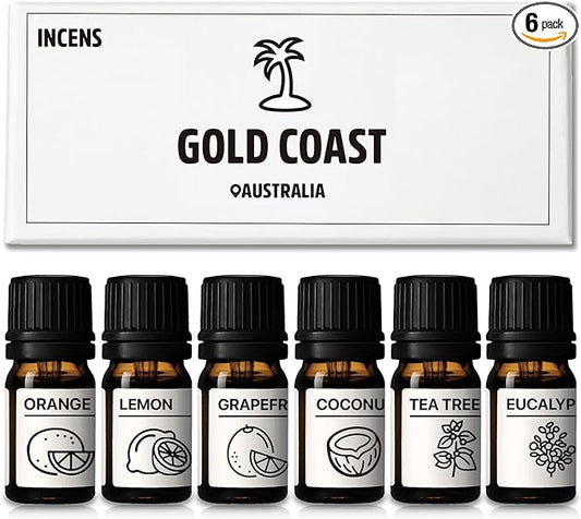 Essential Oils Set Gold Coast Series Set of 6 100% Pure Oils kit - Sweet Orange, Grapefruit, Lemon, Coconut, Tea Tree, Eucalyptus 10ML Suitable for Candle Making Diffuser