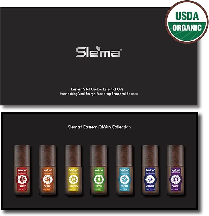 Slema 7 Chakra Essential Oil Roller Gift Set - 7x5ml with Natural Crystal & Jade Rollerballs, Plant-Based Blends for Meditation, Yoga (5mlx7)