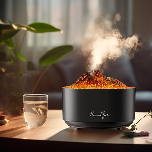 Humidifier for Bedroom,1.5L Volcano Essential Oil Diffuser,Air Diffuser with Premium Flame Lights Dual Nozzle Design, Auto Shut-Off USB Desk Humidifier, Ultra-Silent for Bedroom Travel Office.