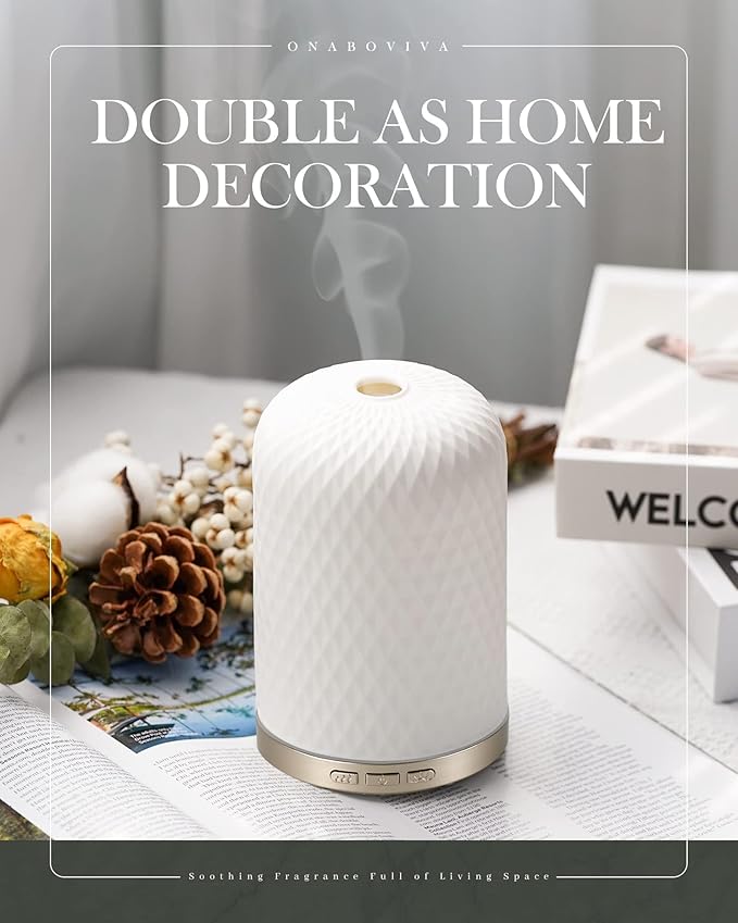 Onaboviva Essential Oil Diffuser - 2.4MHz Ultrasonic Ceramic Diffuser for Home, 120ml, Pulse&Continuous Mist, Bright/Dim/Breathing Lighting, Waterless Auto-Off, Aromatherapy Diffuser with USB Cable