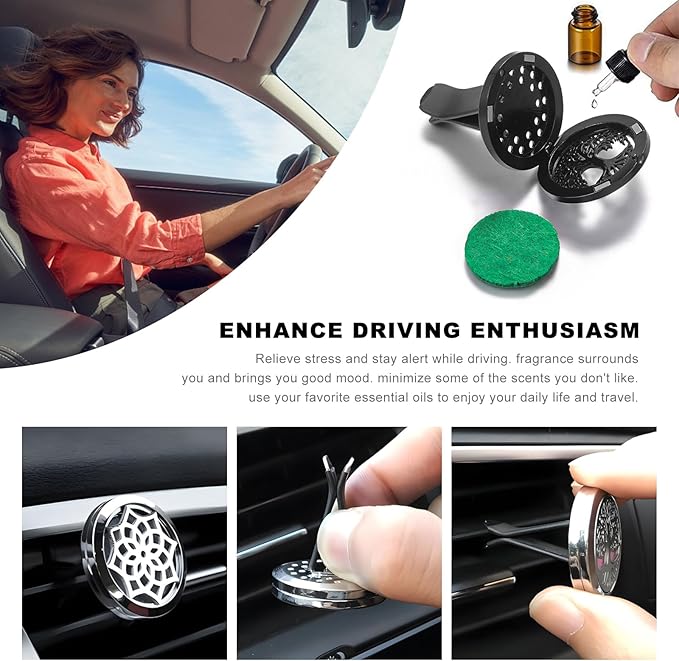 KVAEY 2PCS 30mm Car Diffuser Vent Clips, Tree of Life Aromatherapy Essential Oil Diffuser Locket with 12 Felt Pads, Stainless Steel Car Diffuser Locket Air Freshener (Style 4)