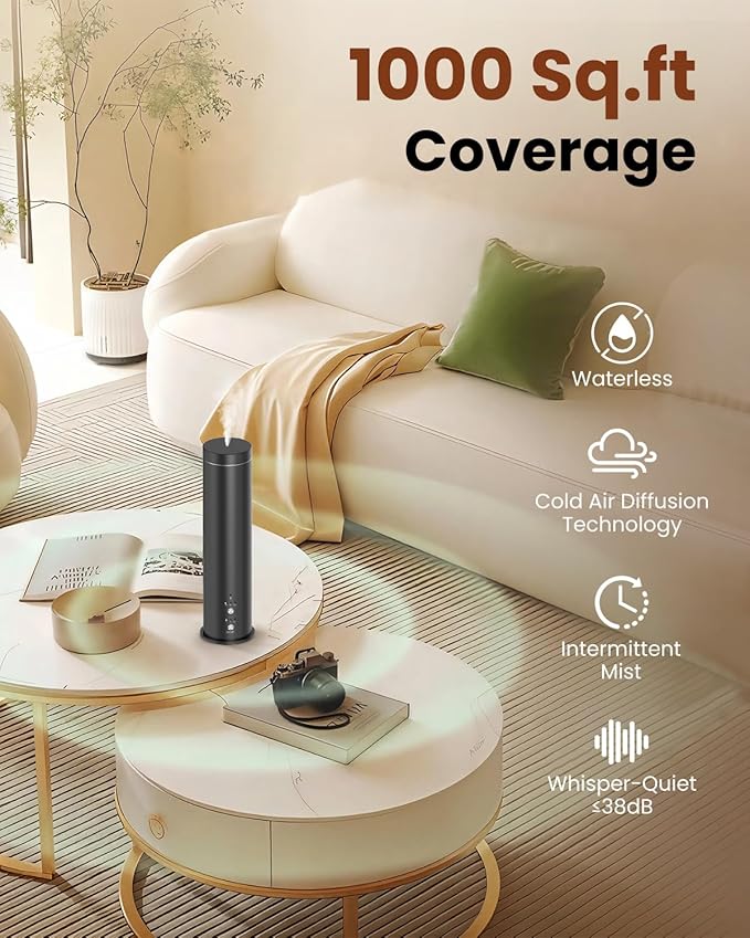 Waterless Essential Oil Diffuser for Large Room, 1000 Sq Ft Coverage, Scent Diffuser for Home, Office, Hotel and Spas - Aromatherapy Diffuser Fragrance Oil Machine, Remote Control, Timer, Black
