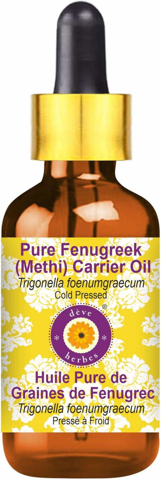 Deve Herbes Fenugreek (Methi) Oil (Trigonella foenumgraecum) | Cold Pressed | Pure | Natural | for Diluting Essential Oils | for Hair, Skin & Massage | Non-Sticky | Lightweight | Unisex | 30ml (1 oz)
