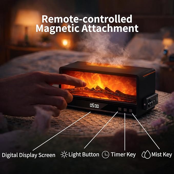 Fireplace Flame Humidifier with Magnetic Remote, 250ml Flame Diffuser, 7-Color Ambient Light, Quiet Aromatherapy Humidifier for Bedroom & Home Decor（matte black）