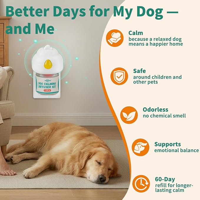 Dog Calming Diffuser with Pheromones – Calming Diffuser for Dogs, Helps Reduce Anxiety, Stress & Barking, Drug-Free Dog Pheromone Diffuser with 2 Refills