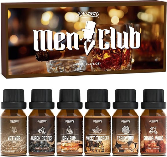 SALUBRITO Men's Club Fragrance Oils, Wood Essential Oil Set for Diffuser, Soap, Candle Making - Sandalwood, Teakwood, Sweet Tobacco, Bay Rum, Black Pepper, Vetiver, Gentlemen Scented Oil