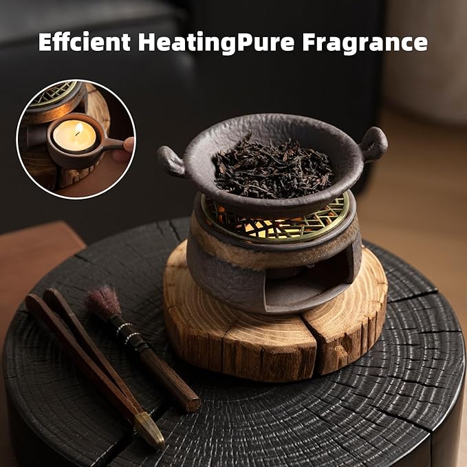 Cedar Aromatherapy Burner & Ceramic Oil Warmer for Home & Office (Heat-Resistant Double-Handled Baking Tray + Stone-Patterned Oven + Old elm Wood mat + Accessories)