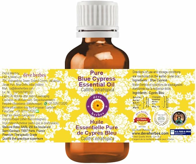 dève herbes Pure Blue Cypress Essential Oil (Callitris intratropica) Natural Therapeutic Grade Steam Distilled (Pack of Three) 100mlx3 (10 oz)