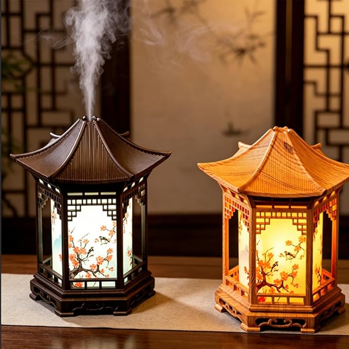 Zen Pavilion Lantern Essential Oil Diffuser & Night Light, 160ml Aroma Diffuser Dual Mist Modes, Zen Style Humidifier for Yoga, Meditation, Spa, Warm & White Light (A+B)