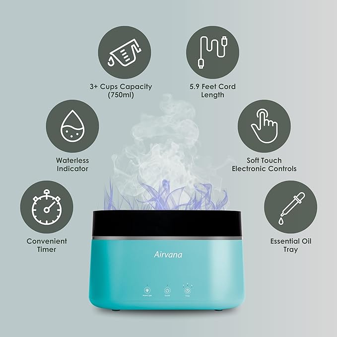 Airvana AquaFlame Ultrasonic Humidifier (.75L / .20 Gal) - Vibration Technology Humidifier with Essential Oil Diffuser – Tabletop Design for Personal Use, Dorm Rooms, & Desks - Taupe