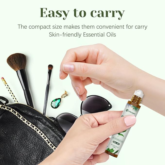 Peppermint Essential Oil Roll On, Natural Aromatherapy Oil Blend Roller with Fresh Minty Aroma - Headache, Stress Relief, Self Care Gifts for Women