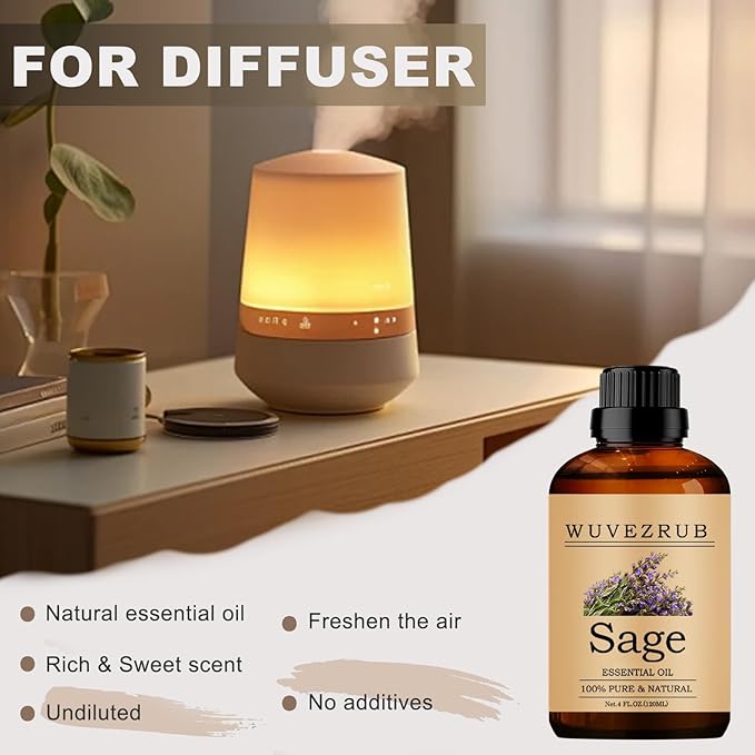 Sage Essential Oils 120ML, 100% Pure and Natural Essential Oil for Aromatherapy Diffuser - 4 Fl Oz/Sage