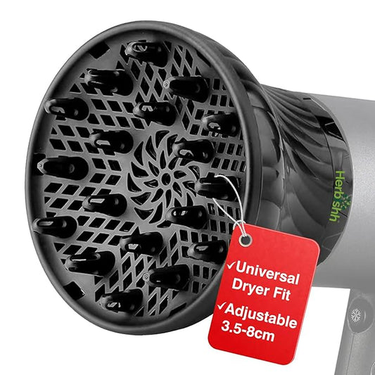Herbishh Hair Dryer Diffuser Attachment for Even Heat Distribution, Universal Fit for Curly, Thick & Wavy Hair, Reduces Frizz & Adds Volume, Gifts for Her, Adjustable from 3.5 to 8 cm (Black)