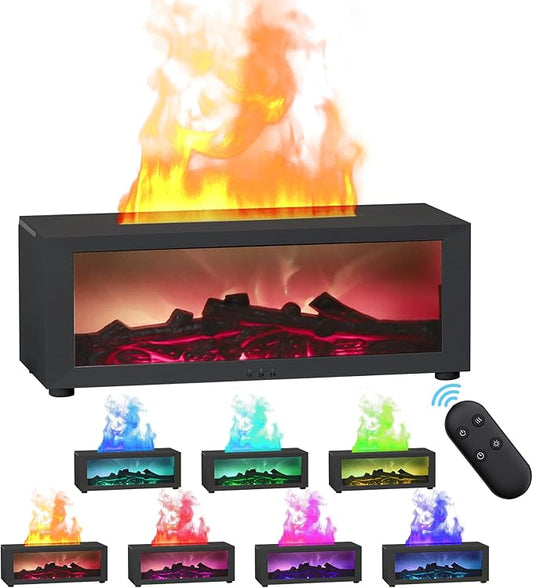 Essential Oil Diffuser Flame Colorful Water Vapor Fireplace Diffusers Fire Humidifier for Aromatherapy Aroma Therapy Machine (Black Fireplace (Long Version)